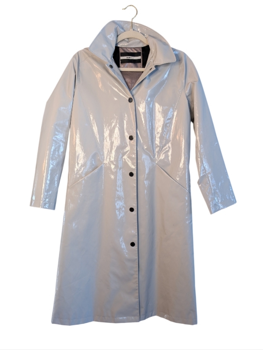 Jane Post Rain city Slicker wet-look high-gloss snap front hood size XS FLAW ink